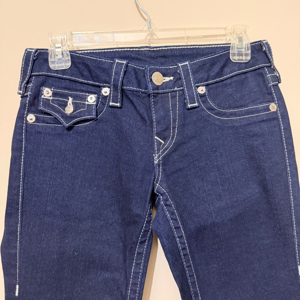 True Religion Billy Bootcut Jeans Dark Wash Pink Rhinestone Big T Stitch 27 Y2K - Picture 3 of 11